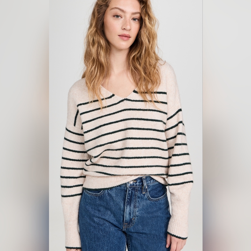 Madewell Cream V-Neck Sweater with Black Stripes